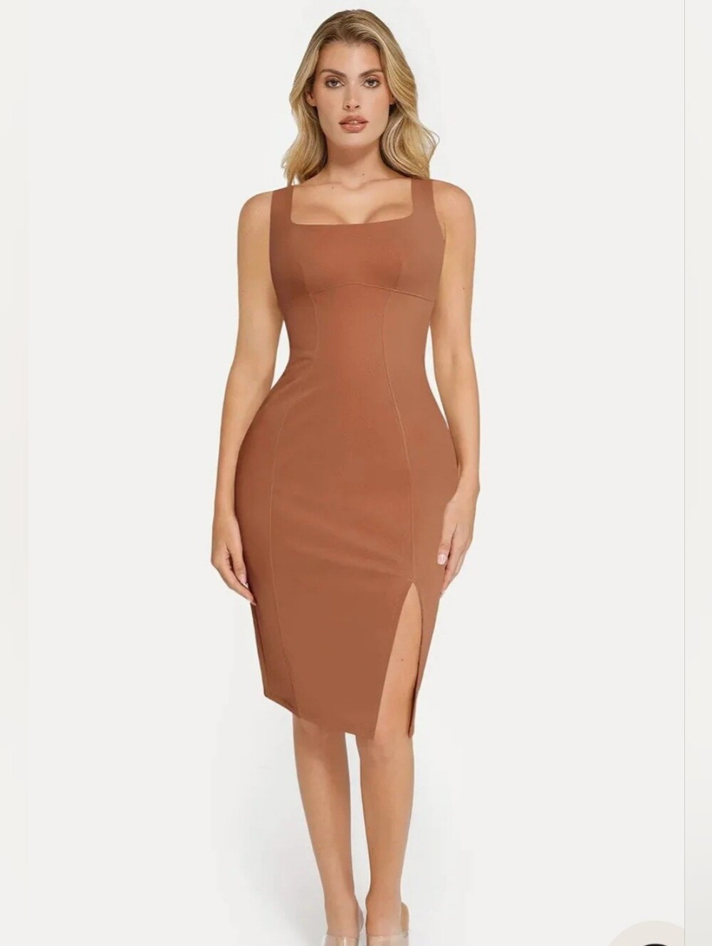 Shapewear Faux Nubuck Bodycon Sculpting Slit Midi Dress